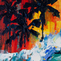 Textured black palm tree silhouettes against vibrant yellow and red tropical sunset background