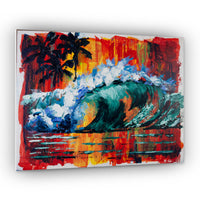 Capsule Tale 23 original 11 x 14 tropical sunset wave painting with palm trees and fiery red sky by 5th and Rugged