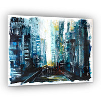 Capsule Tale 26 original abstract cityscape painting 11 x 14 inches with moody blue tones and rain reflections