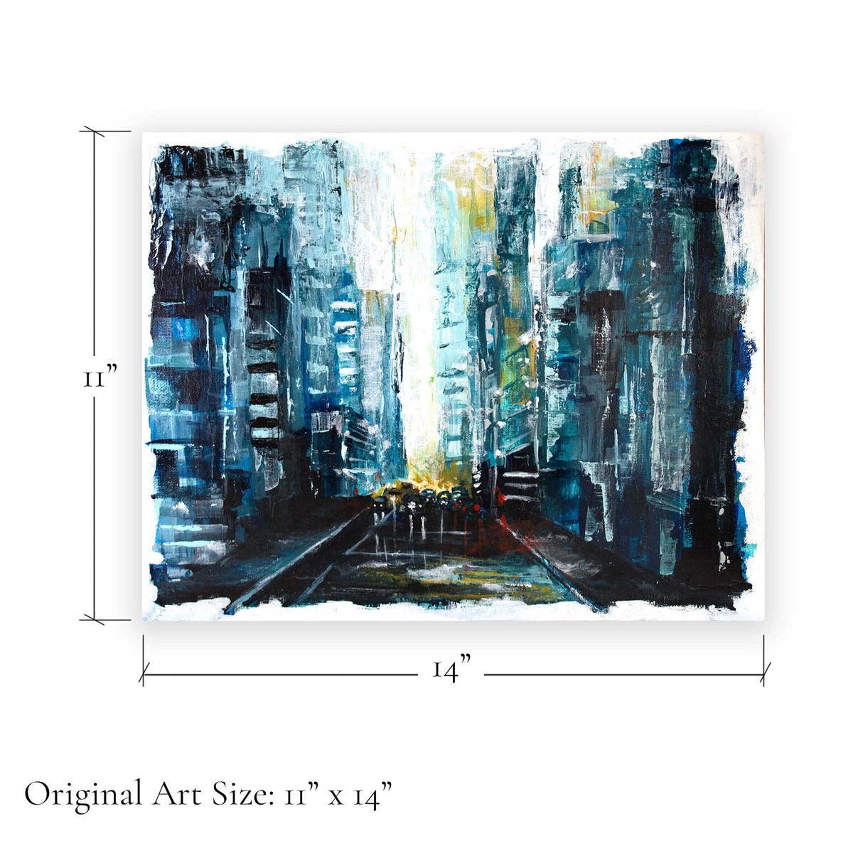 Original art size graphic showing 11 x 14 inches for Capsule Tale 26 abstract cityscape painting