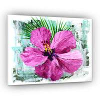 Capsule Tale 27 original 11 x 14 pink hibiscus flower painting with tropical palm leaves and textured background
