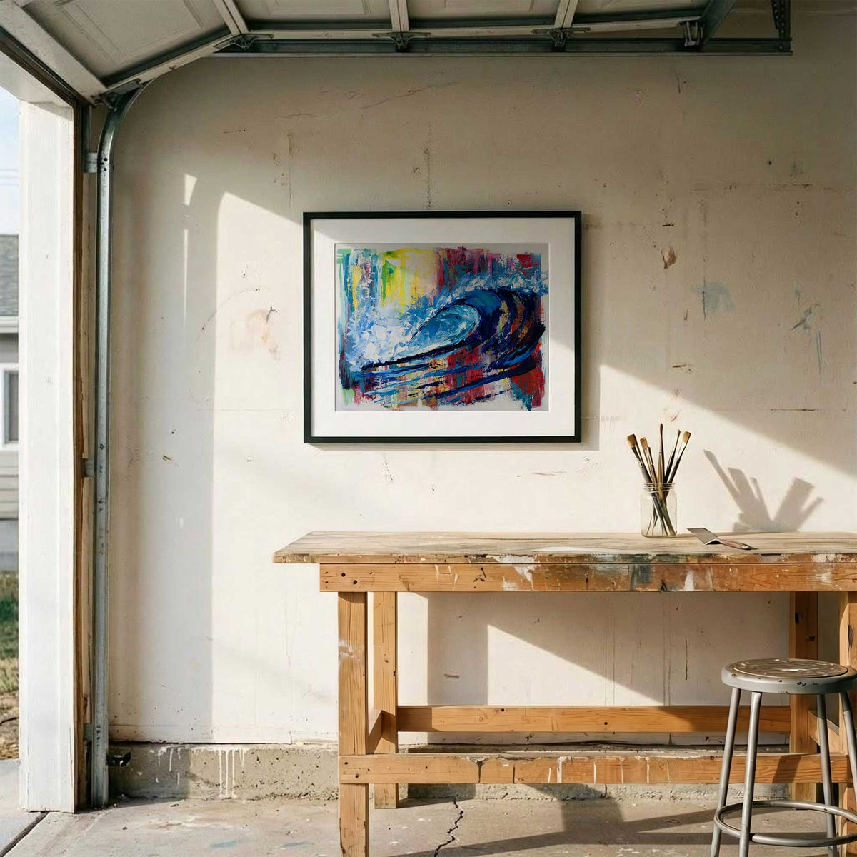 Capsule Tale 3 framed abstract ocean wave artwork displayed in sunlit coastal garage studio