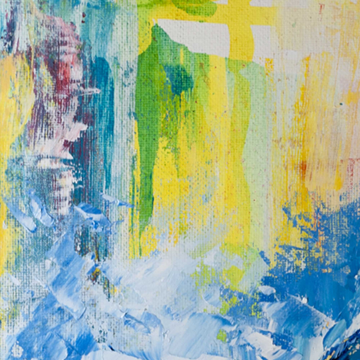 Close up detail of Capsule Tale 3 showing layered multicolor background and visible canvas texture