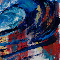Detail of Capsule Tale 3 showing thick impasto brushwork in deep blue ocean wave curl