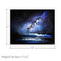Original art size graphic showing 11 x 14 inches for Capsule Tale 30 starry ocean painting