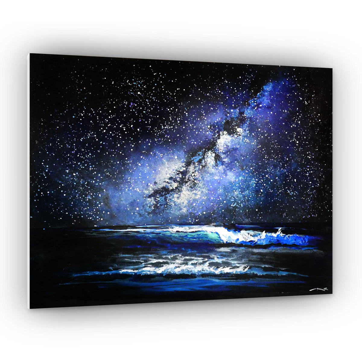 Capsule Tale 30 original 11 x 14 painting of starry night sky over ocean waves with Milky Way galaxy