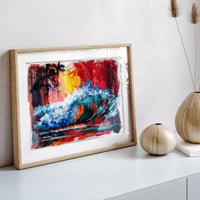 Framed Capsule Tale No. 4 surf artwork styled in a modern coastal interior with light wood frame and neutral decor