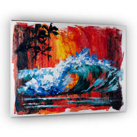 Capsule Tale No. 4 original 11x14 surf painting featuring a bold teal ocean wave against red and golden tropical background