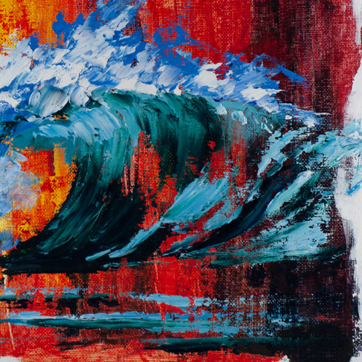 Close-up detail of thick palette knife texture in teal ocean wave from Capsule Tale No. 4 original painting
