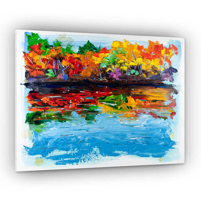 Capsule Tale No. 8 original abstract autumn landscape painting with colorful trees reflected over blue water, 11x14 inches