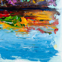 Close-up detail of thick impasto blue water and palette knife texture in Capsule Tale No. 8 abstract landscape painting