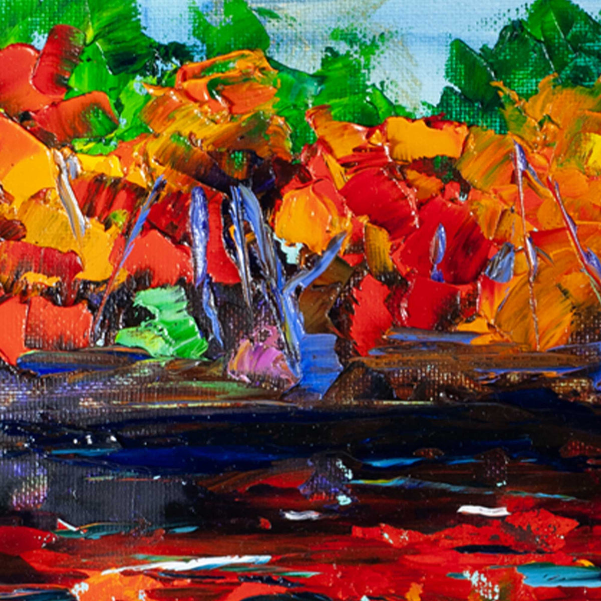 Close-up of vibrant autumn foliage and heavy palette knife paint texture in Capsule Tale No. 8 original artwork