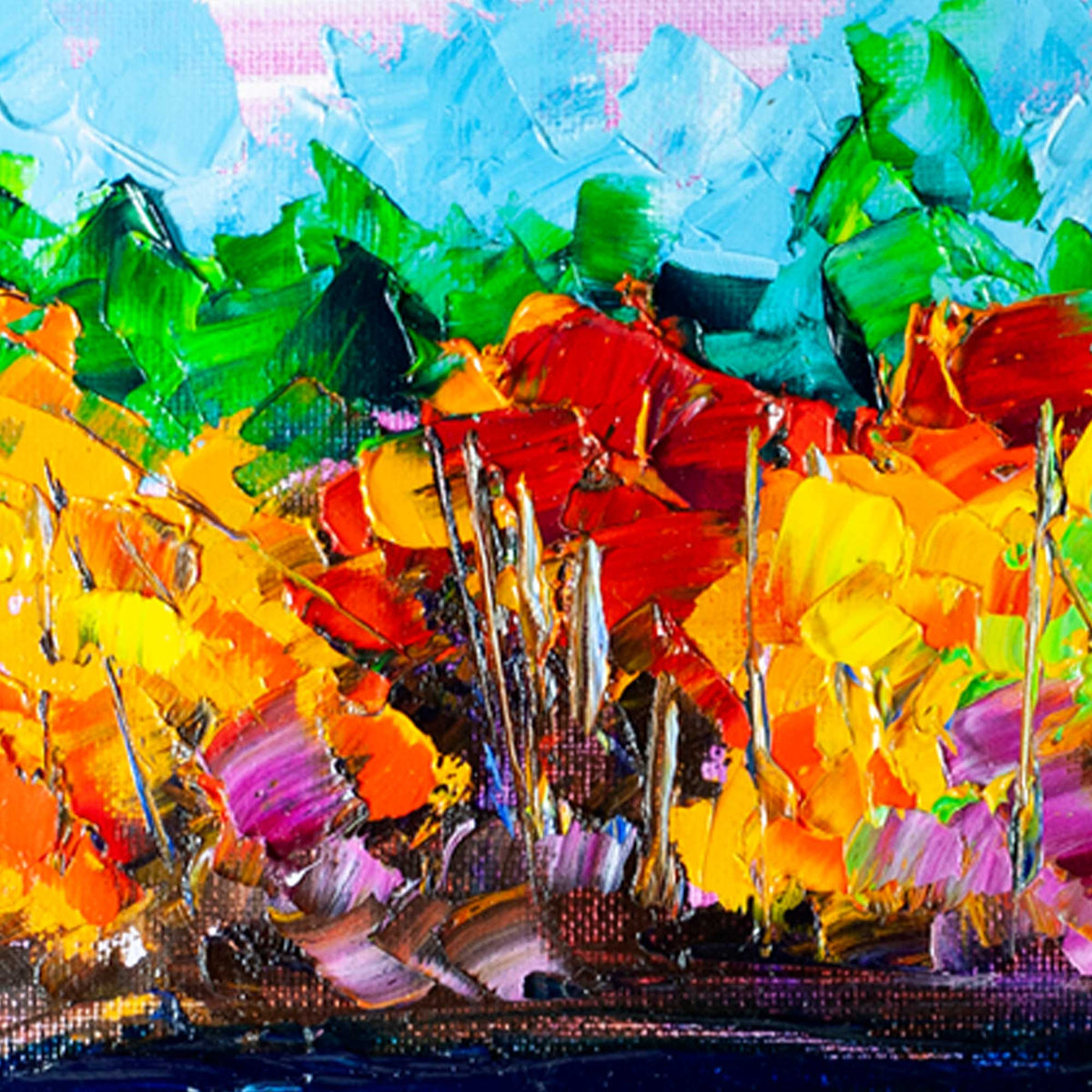 Detail of colorful fall foliage in abstract landscape painting with layered yellow, red and green palette knife strokes