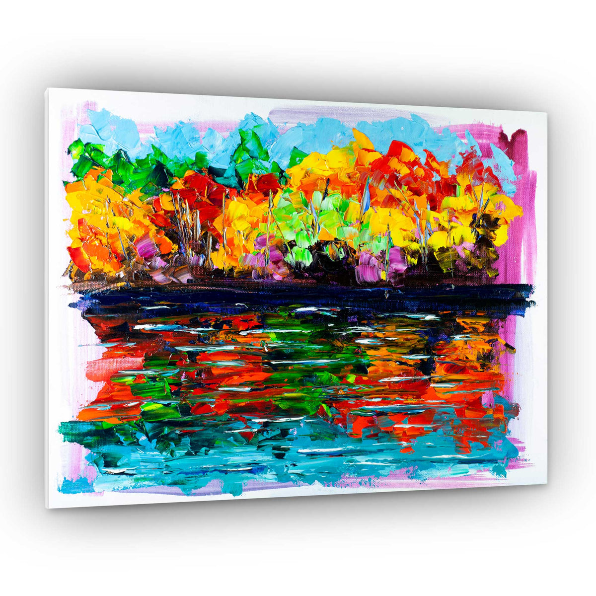 Capsule Tale No. 9 original abstract autumn lake painting with bold red, yellow and green foliage reflected in vibrant blue water, 11 x 14 inches