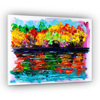 Capsule Tale No. 9 original abstract autumn lake painting with bold red, yellow and green foliage reflected in vibrant blue water, 11 x 14 inches
