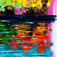 Close-up detail of autumn lake reflection showing thick palette knife texture and vibrant red, orange and teal paint strokes