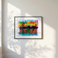 Framed Capsule Tale No. 9 autumn lake abstract painting displayed on sunlit wall in modern minimal interior