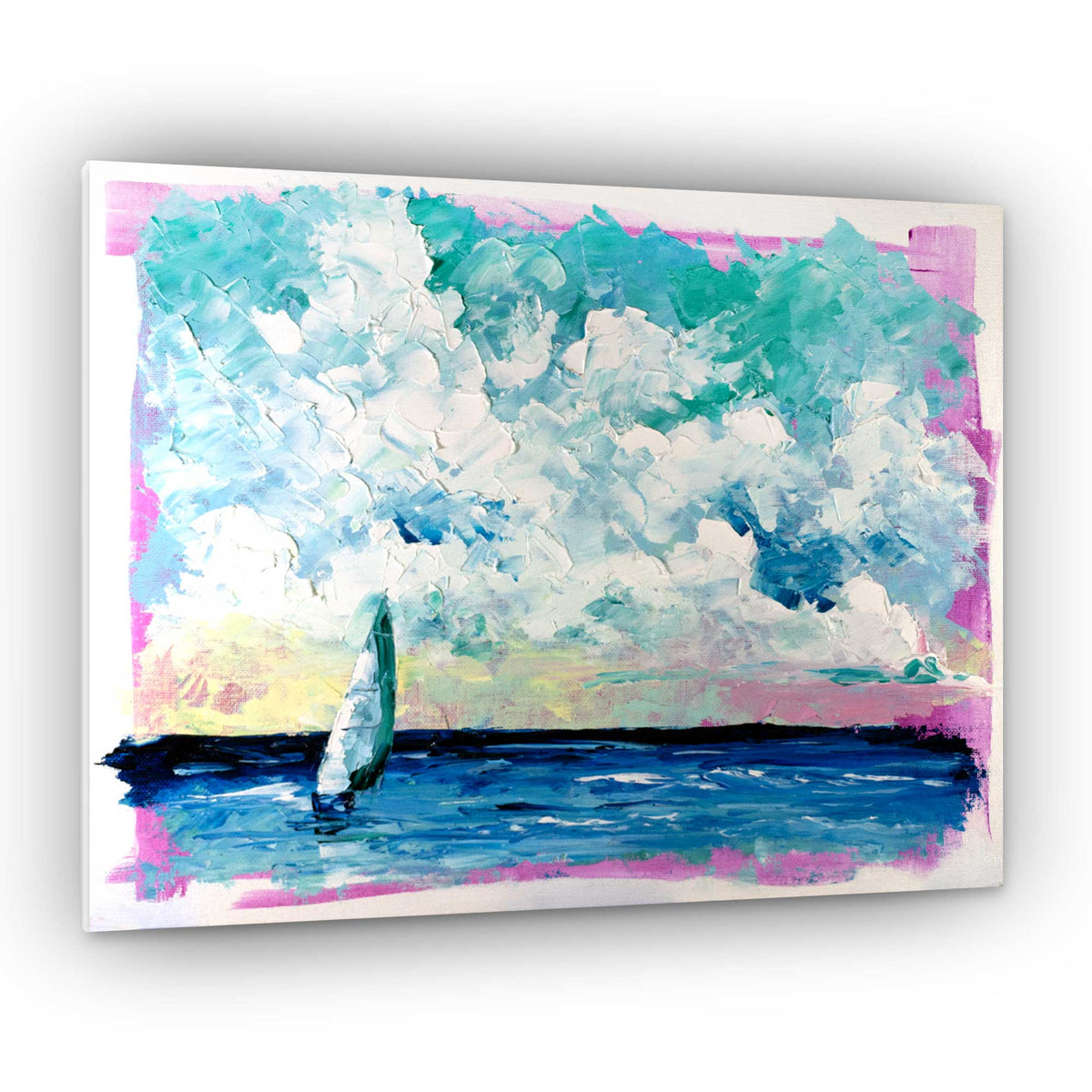 Abstract sailboat seascape original painting 11x14 with teal ocean, pink horizon and textured impasto clouds