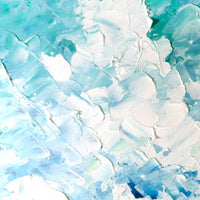 Close-up of thick palette knife clouds in soft aqua and white with visible canvas texture