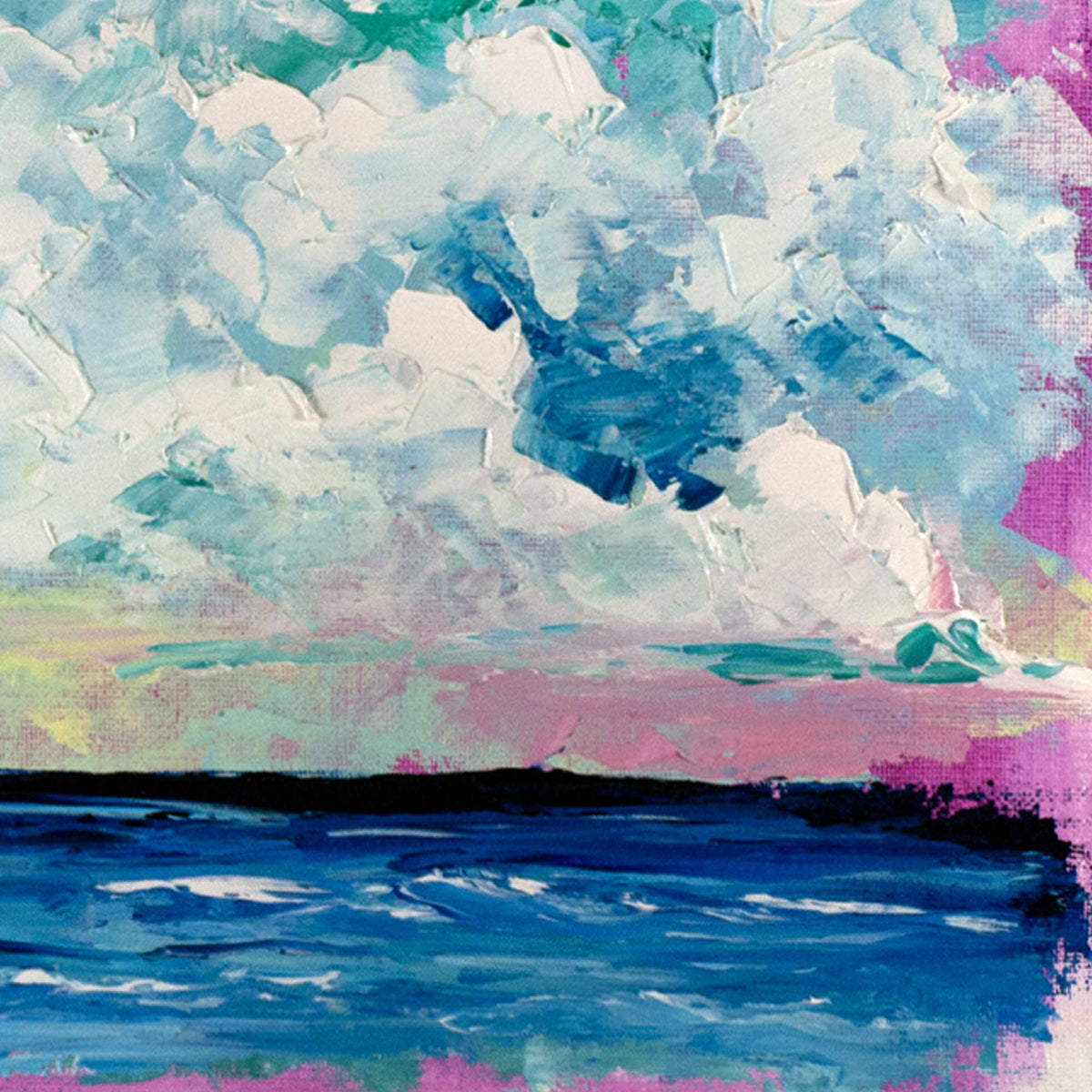 Close-up detail of textured impasto ocean brushwork in teal and deep blue acrylic paint