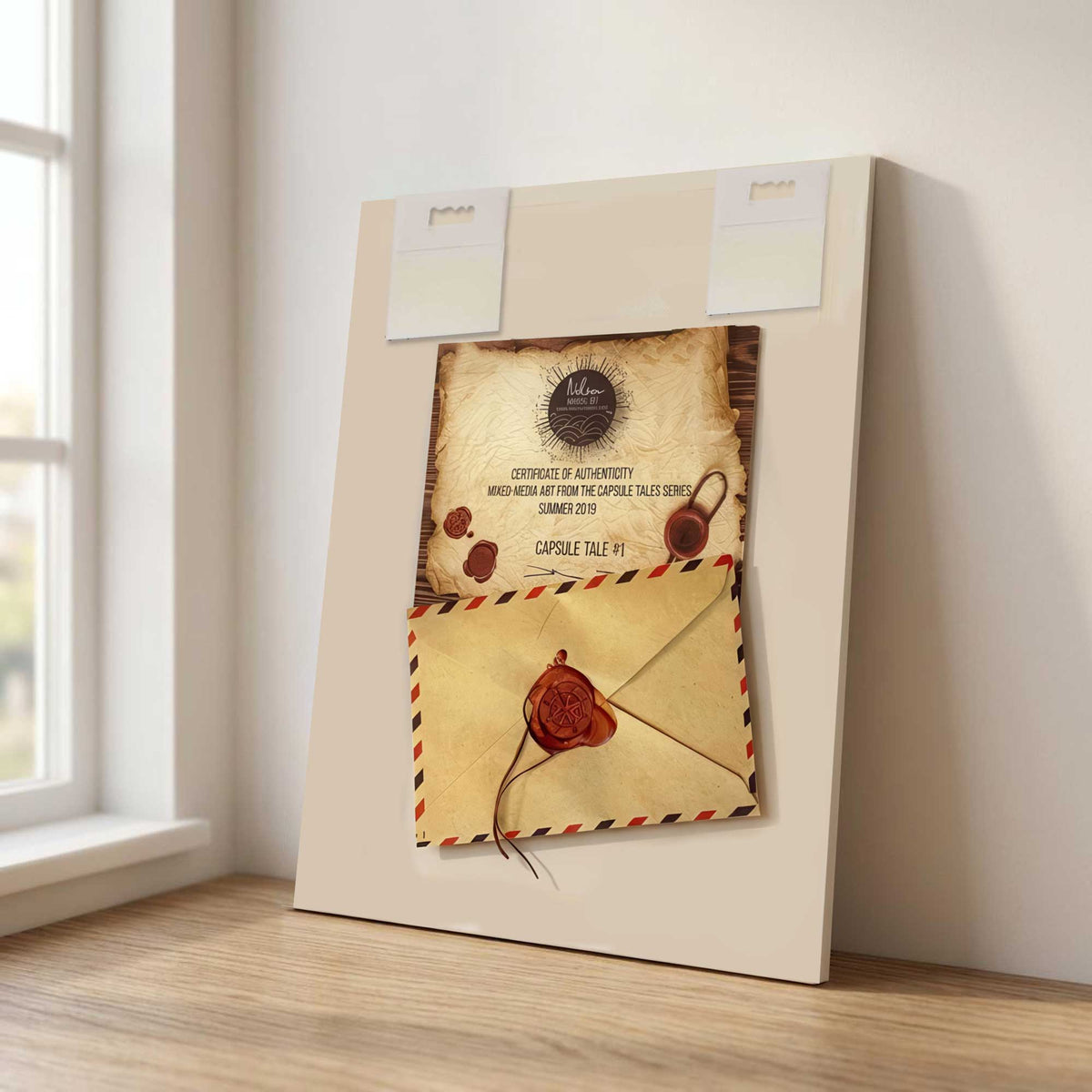 Back of a capsule tale, an original artwork showing certificate of authenticity and wax-sealed story envelope attached