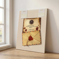 Back of a capsule tale, an original artwork showing certificate of authenticity and wax-sealed story envelope attached