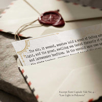 Story excerpt card partially emerging from wax sealed envelope included with Capsule Tale No. 4 original 11 x 14 artwork