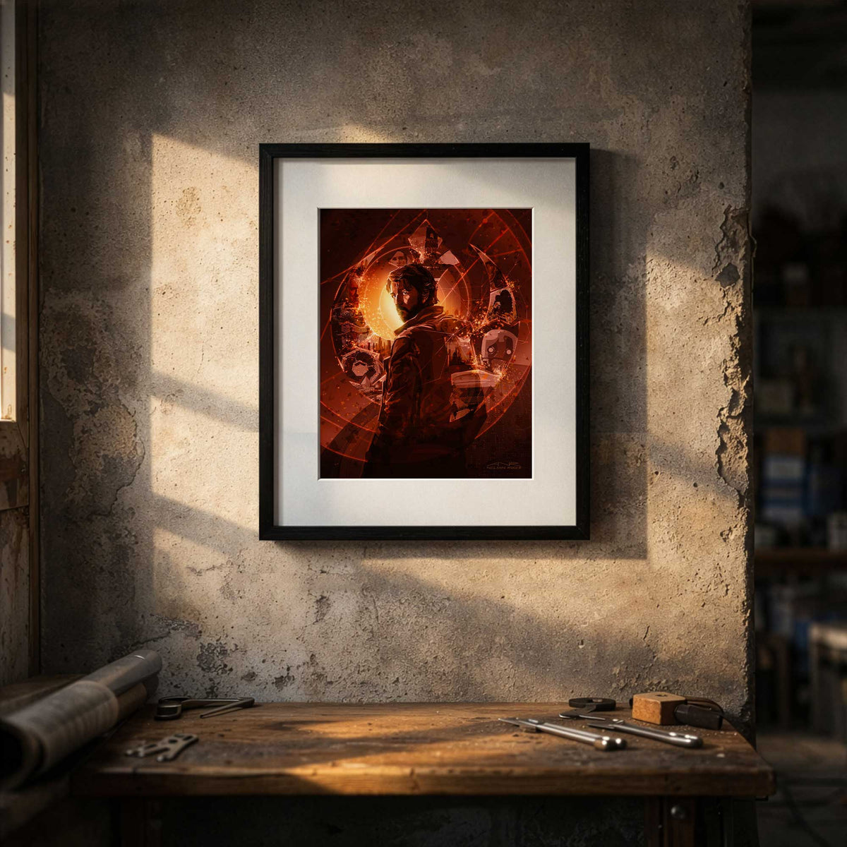 Cassian Andor art print displayed in industrial textured wall environment