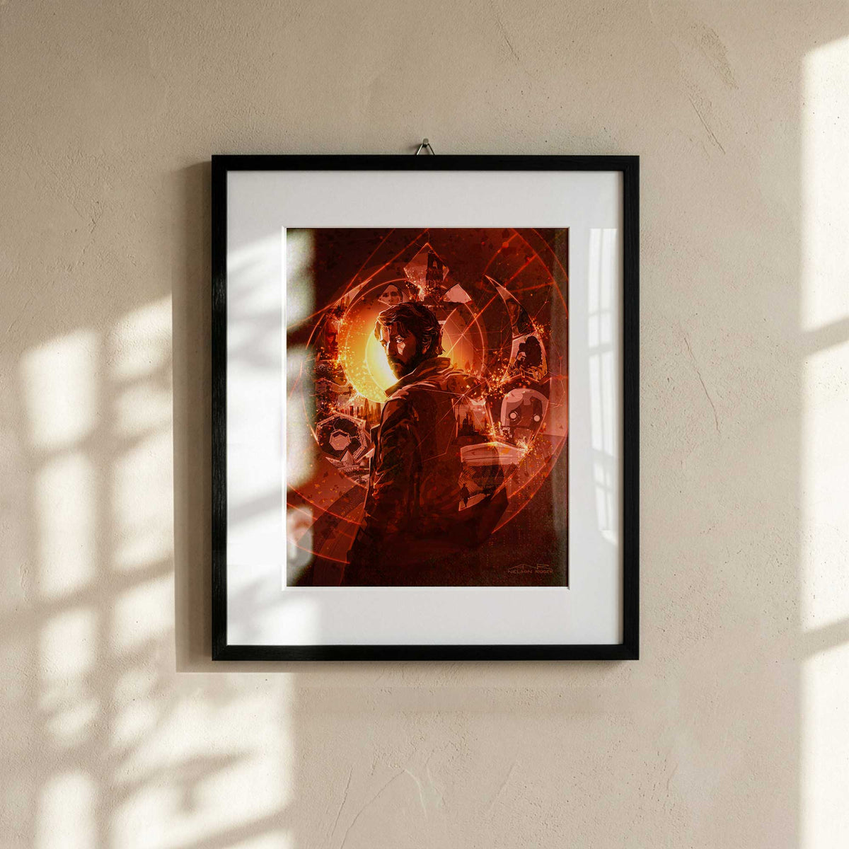 Cassian Andor framed art print with soft natural window lighting