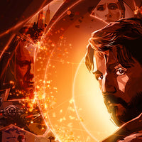Close up of Cassian Andor portrait in geometric impressionist style with warm lighting