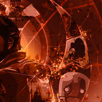 Close up of Rebel Alliance symbol with fractured shards and glowing sparks