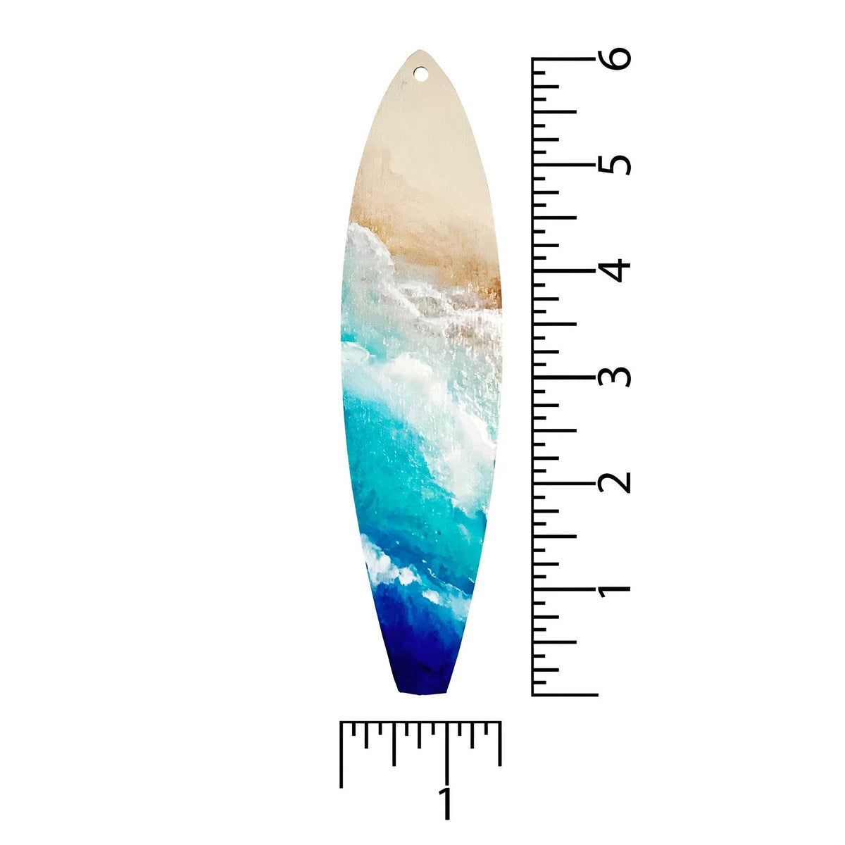 dimensions of castaway surfboard holiday ornament shown with ruler