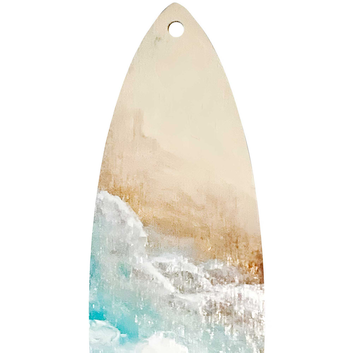 close up of painted ocean detail on castaway surfboard ornament