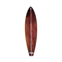 back of a surfboard ornament with stained and varnished wood finish