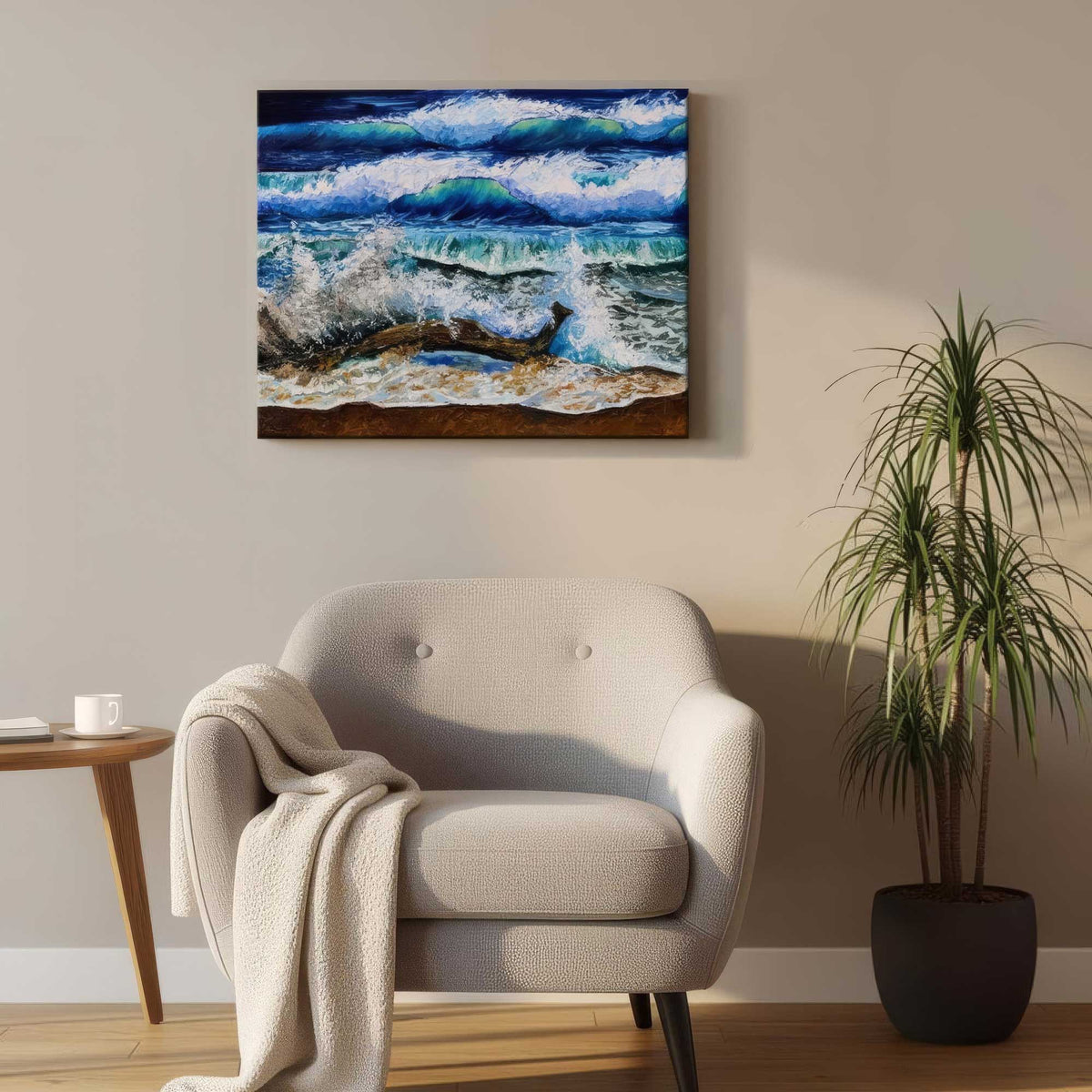 ocean artwork hanging above cozy reading chair in natural light