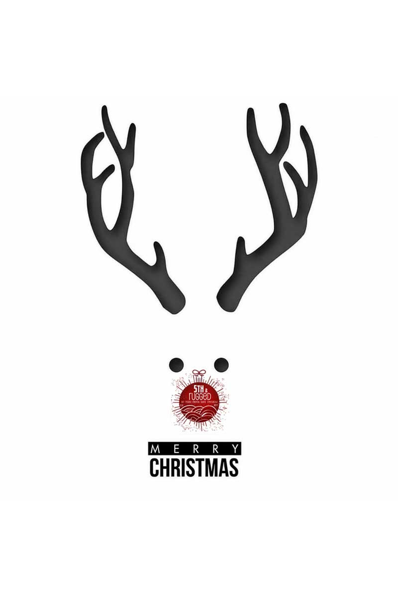Minimal holiday artwork featuring reindeer antlers framing a red 5th & Rugged ornament with Merry Christmas text on a clean white background