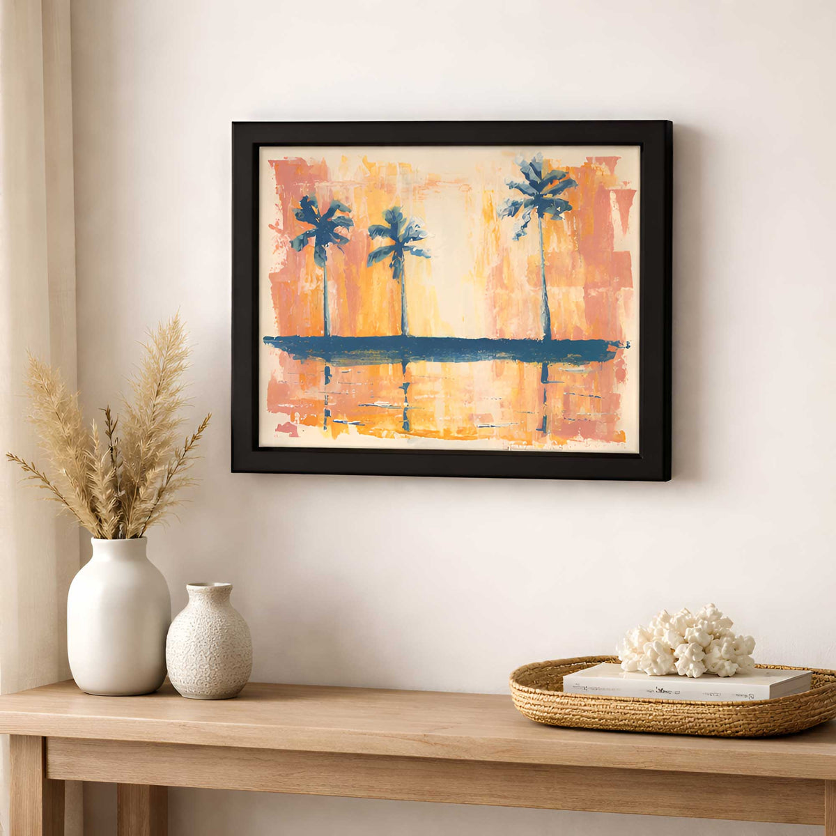 coastal palm tree wall art displayed in calm interior