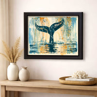 coastal whale tail wall art displayed in calm interior