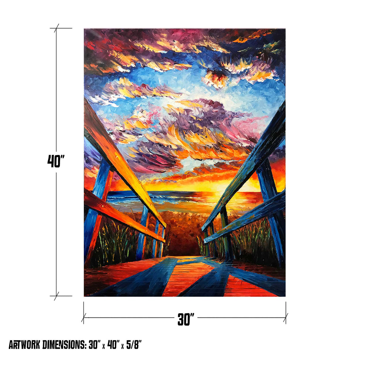 Artwork dimensions with 30x40 palette knife sunset painting shown to scale