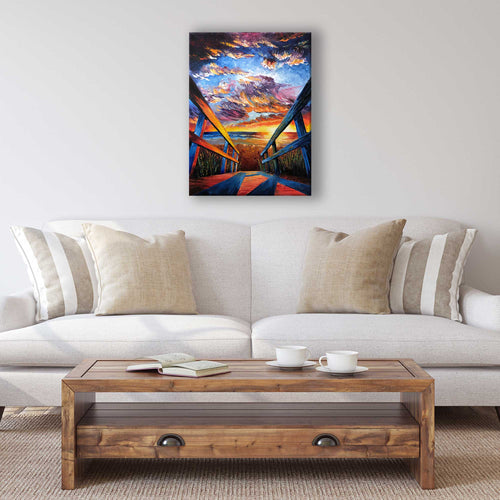 Original palette knife oil painting of a beach boardwalk at sunset displayed in living room
