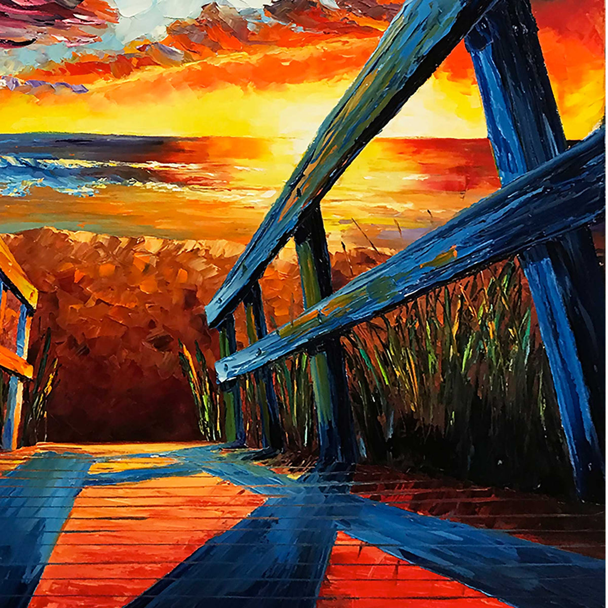 Close-up texture of palette knife boardwalk leading to ocean sunset