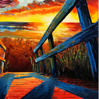 Close-up texture of palette knife boardwalk leading to ocean sunset
