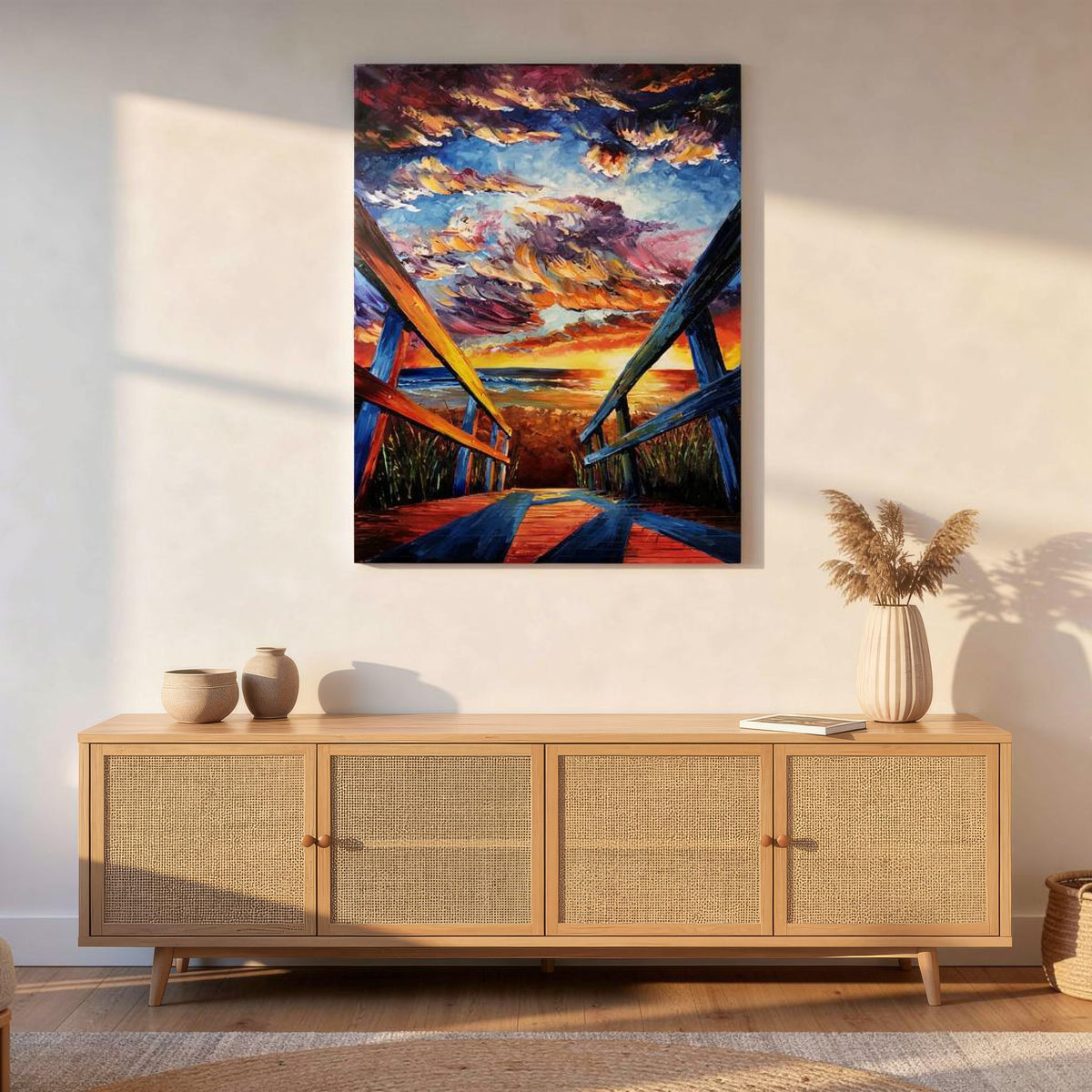 Current View vol.2 30x40 palette-knife sunset beach painting displayed above a warm coastal-inspired console table in natural sunlight.