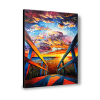 Original palette knife oil painting of a beach boardwalk at sunset