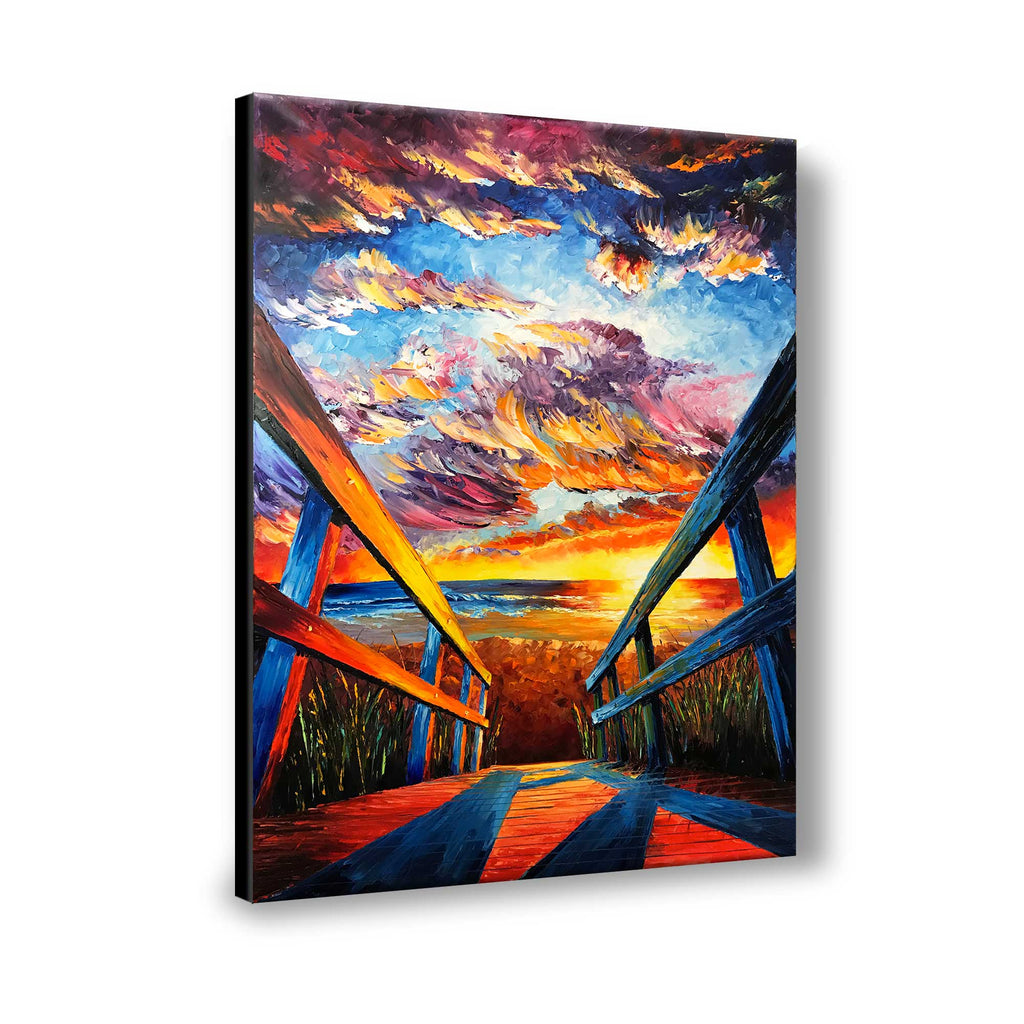 Original palette knife oil painting of a beach boardwalk at sunset