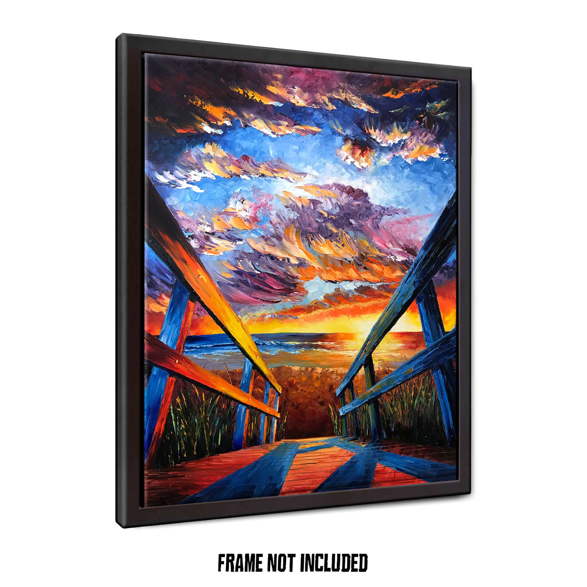 Angle view of palette knife oil painting framed for display, frame not included