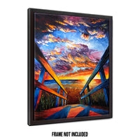 Angle view of palette knife oil painting framed for display, frame not included