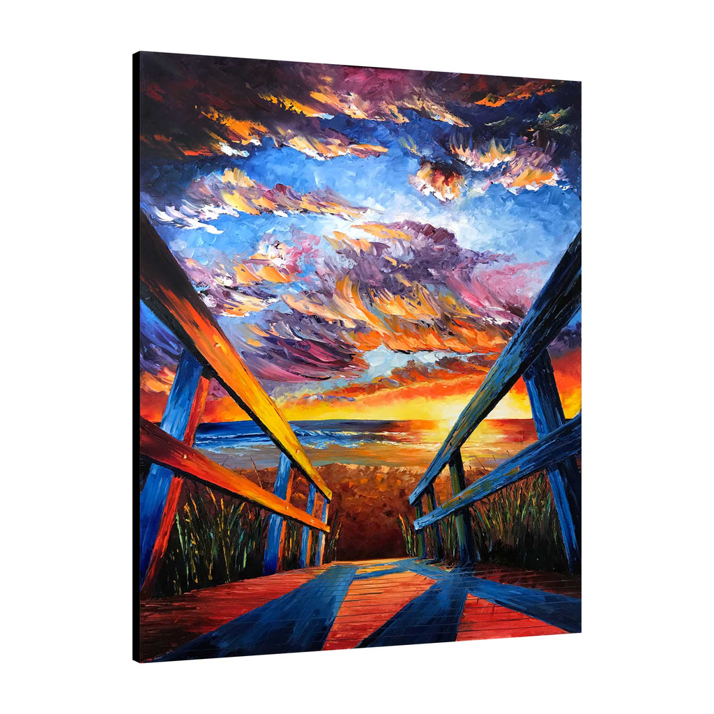 Full unframed palette knife oil painting showing a wooden boardwalk leading to the ocean
