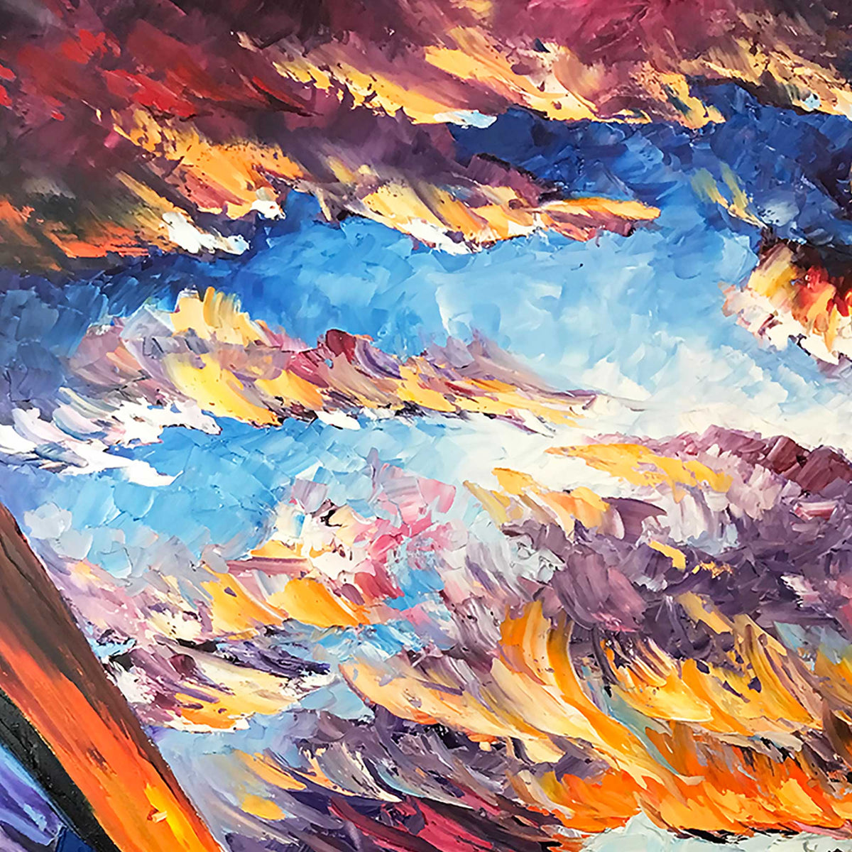 Vibrant palette knife detail of sunset clouds in bold color