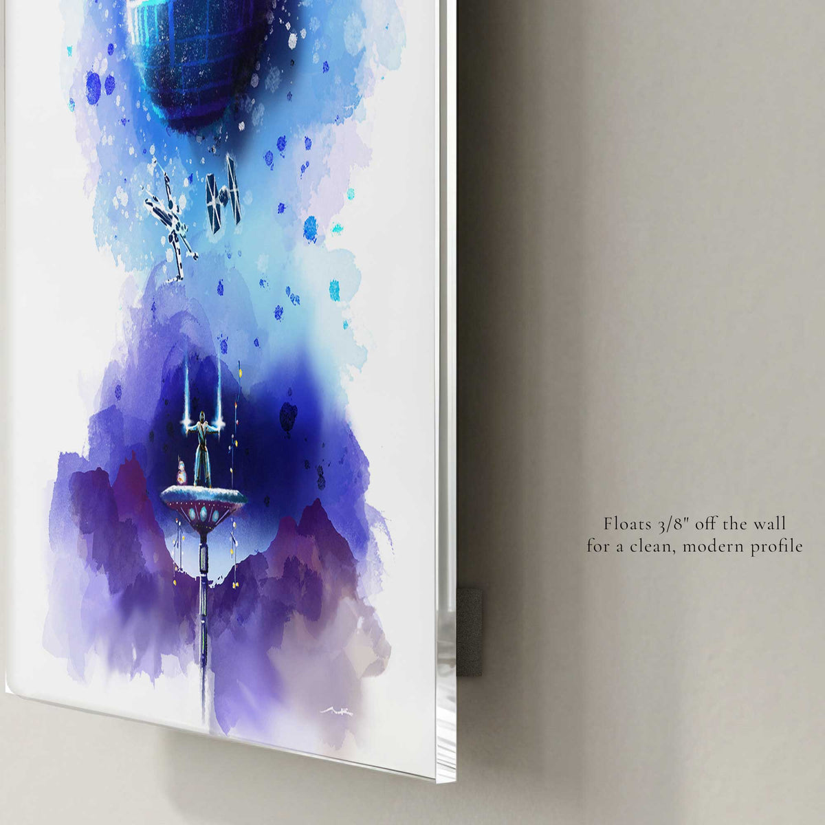 Glossy acrylic Star Wars watercolor wall art print featuring the Death Star with floating mount profile and modern edge detail